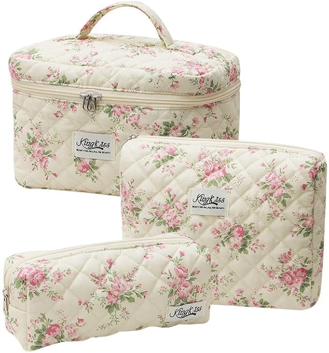 kingkiss Makeup Bag, Quilted Cosmetic Bag, Large Capacity Make Up Bag for Women, Cute Floral Storage Toiletry Bag Travel Storage Makeup Bag (Pink Flower)