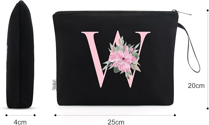 Vavabox A-Z Personalized Makeup Bag, Birthday Gifts for Women Mom, Gifts for Best Friend, Bride Bridesmaid Cosmetic bag (W, Black)