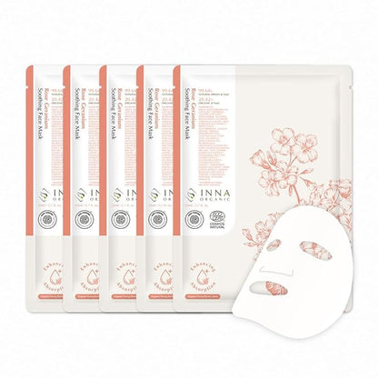INNA Organic Sheet Mask - Soothing, Sun relief, Calming, EWG & COSMOS Certified (Pack of 5) | Rose Geranium Essential Oils Infused Skin Care | Luxury Clean Beauty