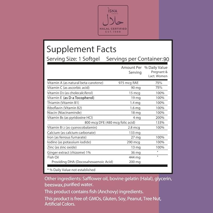 Noor Vitamins Halal Prenatal Vitamins with DHA and Folic Acid, Essential Vitamins, Ginger to Soothe Mom's Stomach, Iron, Softgels, Prenatal Vitamin Before/During/Post Pregnancy (3 Months Supply)