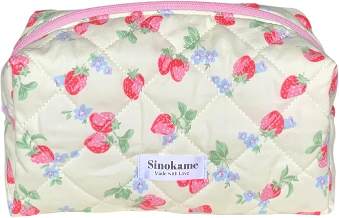 Cute Quilted Makeup Bag, Coquette Strawberry Skincare Pouch Aesthetic Cosmetic Travel Skincare Brush Organizer Pouches Makeup for Women,Strawberry me Up