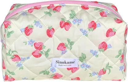 Cute Quilted Makeup Bag, Coquette Strawberry Skincare Pouch Aesthetic Cosmetic Travel Skincare Brush Organizer Pouches Makeup for Women,Strawberry me Up