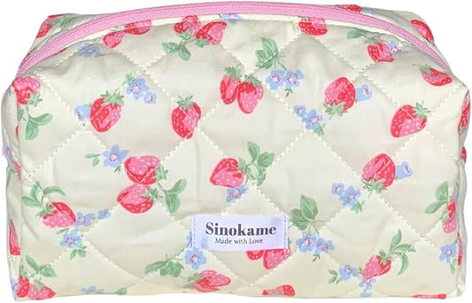 Cute Quilted Makeup Bag, Coquette Strawberry Skincare Pouch Aesthetic Cosmetic Travel Skincare Brush Organizer Pouches Makeup for Women,Strawberry me Up