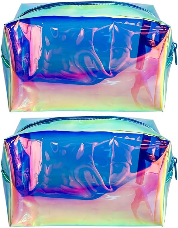 ONEART 2Pack Holographic Cosmetic Bags, Portable Iridescent Makeup Bag, Waterproof Zippered Toiletry Bags for Travel Makeup Brush Holder, Women Organizer Bag Cases