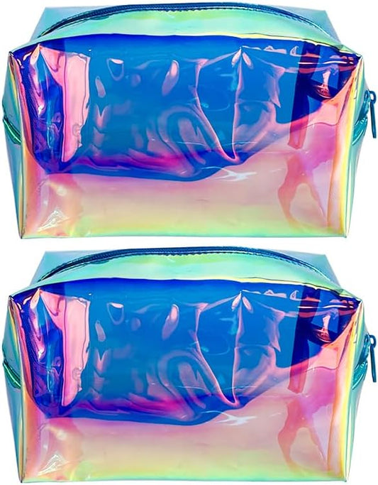 ONEART 2Pack Holographic Cosmetic Bags, Portable Iridescent Makeup Bag, Waterproof Zippered Toiletry Bags for Travel Makeup Brush Holder, Women Organizer Bag Cases