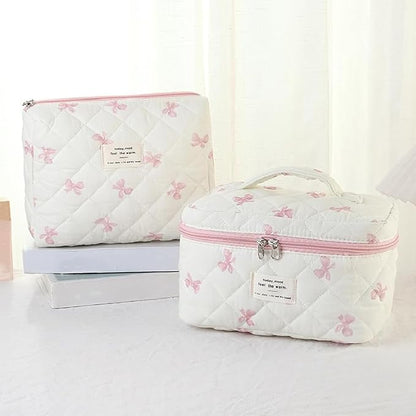 3 Pcs Quilted Makeup Bag Set,Cotton Coquette Make Up Bag,Cute Floral Makeup Bags Large Toiletry Cosmetic Bag Organizer for Women Girls (P2-3PCS)