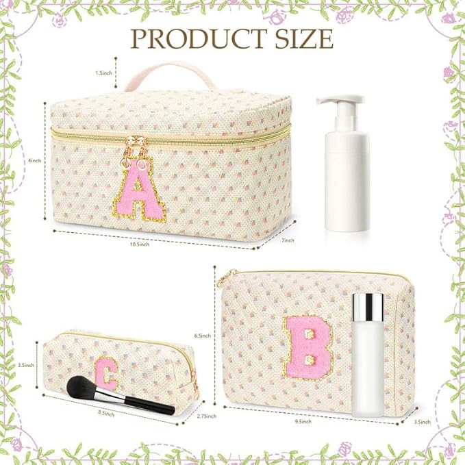 3 PCS Travel Makeup Bag Set, A-Z Initials Cotton Make up Bag Floral Quilted Cosmetic Bag for Girls and Women, Personalized Cute Toiletry Bag Travel Accessories Brushes Bag Flower - C