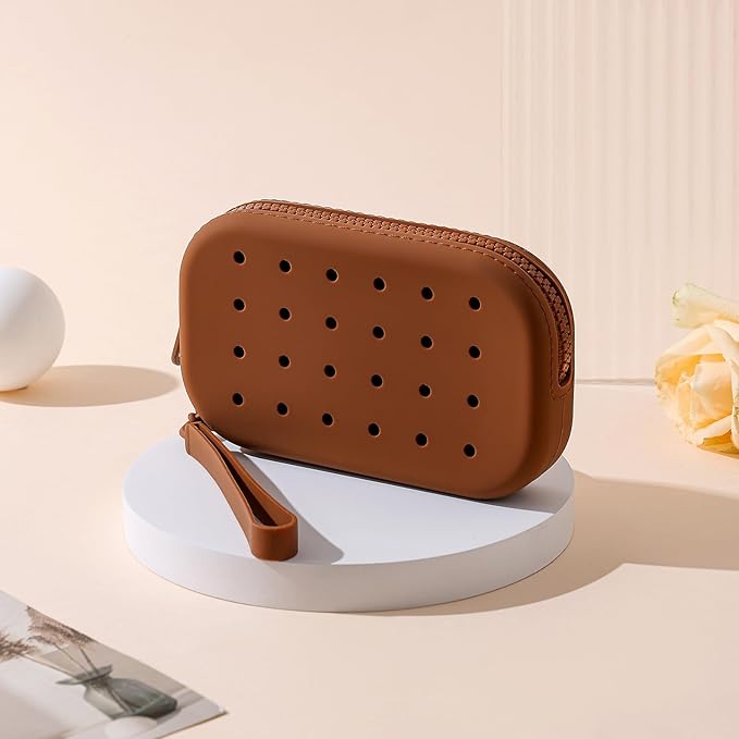 Portable Silicone Makeup Bag for Women, Small Travel Toiletry Cosmetic Bag with Decorative Holes, Zipper Closure Organizer Makeup Case with Handle (Brown)