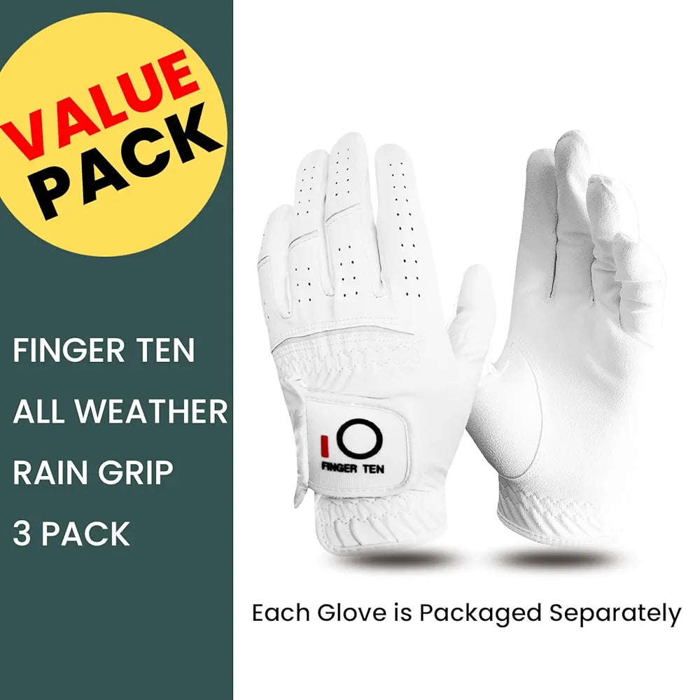 FINGER TEN Golf Gloves Men Left Hand Rain Grip Glove for Right Handed Golfer Value 3 Pack, All Weather Durable Grip Size Small Medium Large XL White Black Blue