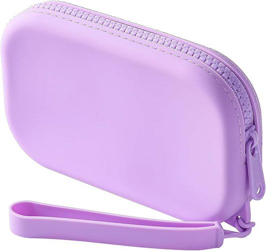 Portable Silicone Makeup Bag for Women, Small Travel Waterproof Toiletry Cosmetic Bag, Zipper Closure Organizer Makeup Case with Handle (Purple)