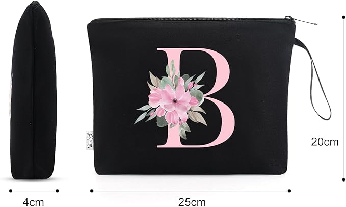 Vavabox A-Z Personalized Makeup Bag, Birthday Gifts for Women Mom, Gifts for Best Friend, Bride Bridesmaid Cosmetic bag (B, Black)