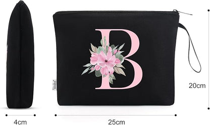 Vavabox A-Z Personalized Makeup Bag, Birthday Gifts for Women Mom, Gifts for Best Friend, Bride Bridesmaid Cosmetic bag (B, Black)
