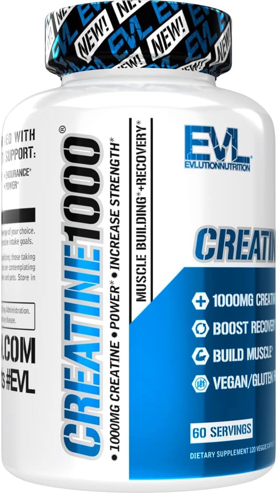 Evlution Pure Creatine Monohydrate Capsules 1000mg Nutrition Pre and Post Workout Recovery Vegan Creatine Pills for Muscle Gains and Muscle Recovery Supplement - Creatine Muscle Builder for Men