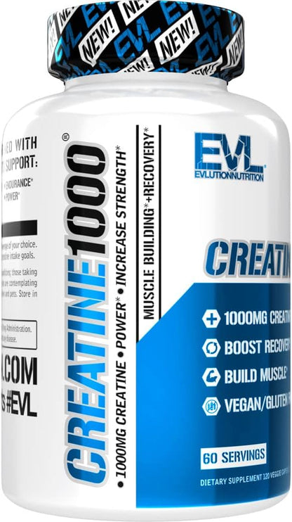 Evlution Pure Creatine Monohydrate Capsules 1000mg Nutrition Pre and Post Workout Recovery Vegan Creatine Pills for Muscle Gains and Muscle Recovery Supplement - Creatine Muscle Builder for Men