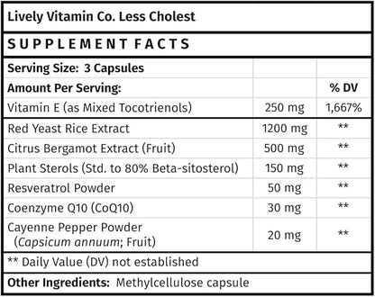 LIVELY VITAMIN CO. Less Cholest - Balanced Cholesterol & Circulatory Health - Statin Free - Red Yeast Rice - Bergamot - Resveratrol - CoQ10 - Gluten, Dairy, Soy-Free - 180 Vegan Capsules