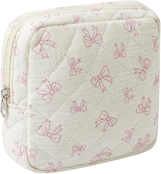 Small Quilted Cotton Makeup Bag for Purse, Cosmetic Bag with Compartments, Cotton Aesthetic Makeup Bag, Travel Toiletry Pouch, Lipstick Bag Card Holder Data Cable Organizer (09White Small bow)