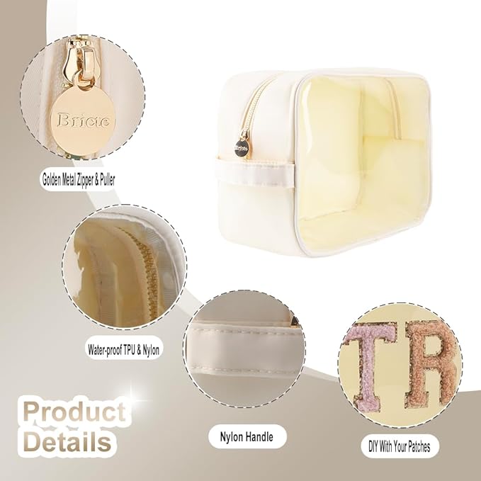 Extra Large Preppy Transparent Makeup Pouch Women Travel Clear TPU and Nylon Cosmetic Pouch (Extral-Large, Beige)
