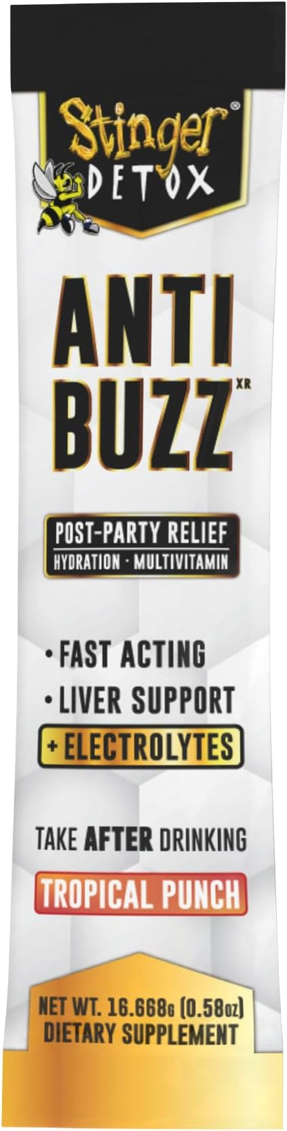 Stinger Detox Anti-Buzz Post-Celebration, Hydration & Multivitamin Packet Drink Mix | DHM, VIT. B Complex, Riboflavin, Niacin + Electrolytes | Tropical Punch 1 Pack (6 Servings)