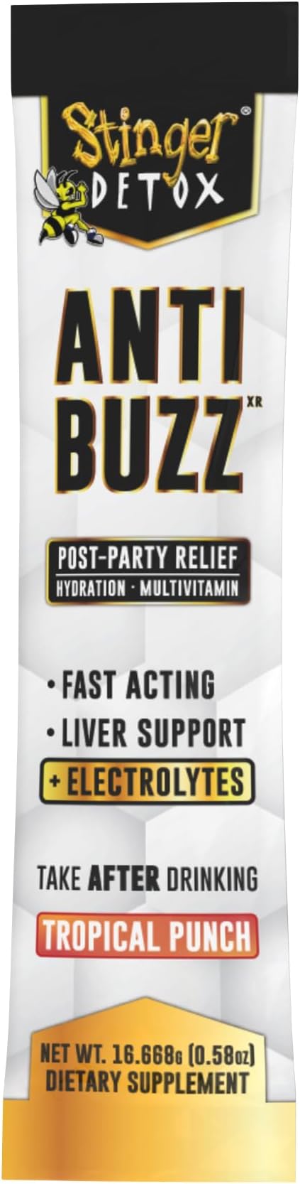 Stinger Detox Anti-Buzz Post-Celebration, Hydration & Multivitamin Packet Drink Mix | DHM, VIT. B Complex, Riboflavin, Niacin + Electrolytes | Tropical Punch 1 Pack (6 Servings)