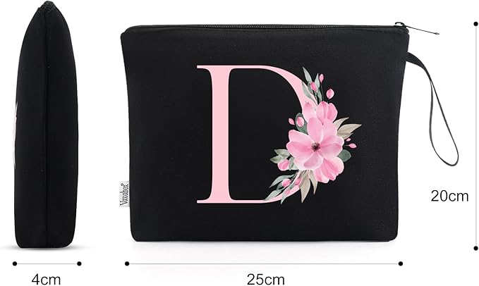 Vavabox A-Z Personalized Makeup Bag, Birthday Gifts for Women Mom, Gifts for Best Friend, Bride Bridesmaid Cosmetic bag (D, Black)
