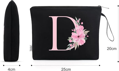 Vavabox A-Z Personalized Makeup Bag, Birthday Gifts for Women Mom, Gifts for Best Friend, Bride Bridesmaid Cosmetic bag (D, Black)