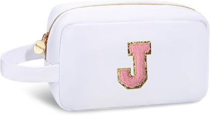Aveniee Monogram Makeup Bag for Women,Personalized Travel Makeup Bag With Handle,Preppy Cosmetic Organizer Makeup Brush Bag,Birthday Gifts for Teen Girls Mom Wife-White J