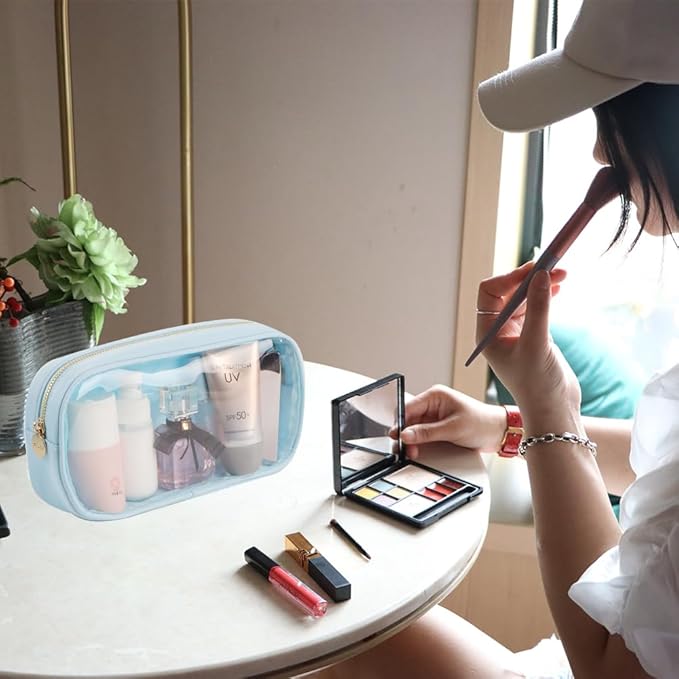 Travel Clear Slim Cosmetic Bag Preppy TPU and Nylon Makeup Bag for Women (Medium, IceBlue)