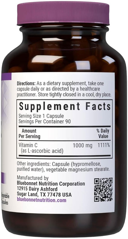 Bluebonnet Nutrition Vitamin C 1000 mg Vegetable Capsules, Ascorbic Acid, For Immune Health & Skin Health, Vegan, Vegetarian, Non GMO, Gluten Free, Soy Free, Milk Free, Kosher, 90 Vegetable Capsules
