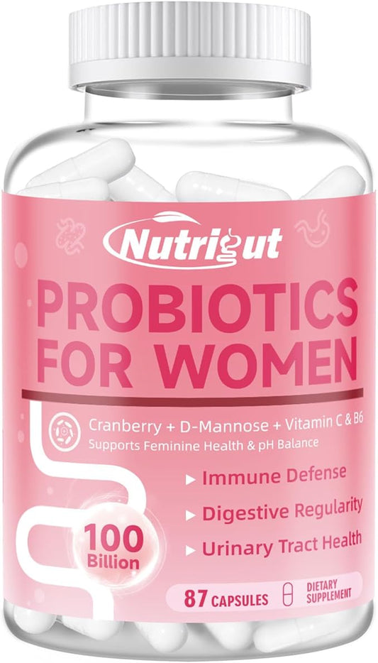 Probiotics for Women 100 Billion CFUs Probiotic and Prebiotics with Digestive Enzymes for Gut Health, Vaginal Probiotics with Cranberry and D-Mannose for Urinary Tract Health, pH Balance, 87 Capsules