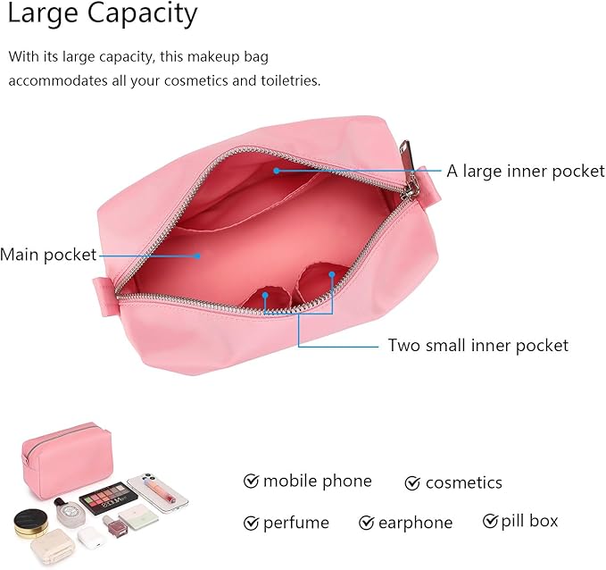 Organizer Bag Lightweight Cosmetic Bag with Ring Clasp Perfect Travel Makeup Bag for Women nylon Stand Up Design (Pink/Nylon)