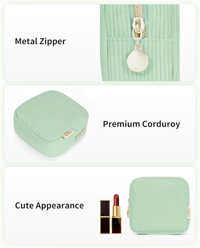 Wandering Nature Small Makeup Bag for Purse Mini Make up Pouch Cute Cosmetic Pouch for Women with Slip-in Pockets Corduroy, Green