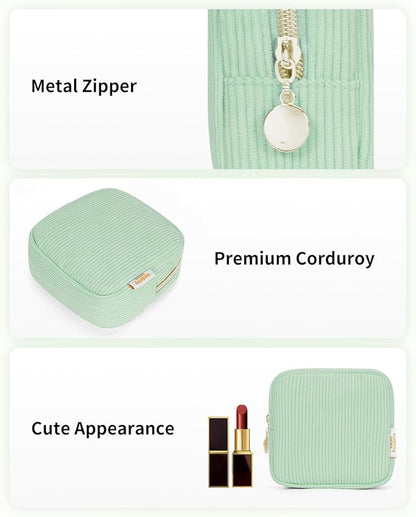 Wandering Nature Small Makeup Bag for Purse Mini Make up Pouch Cute Cosmetic Pouch for Women with Slip-in Pockets Corduroy, Green