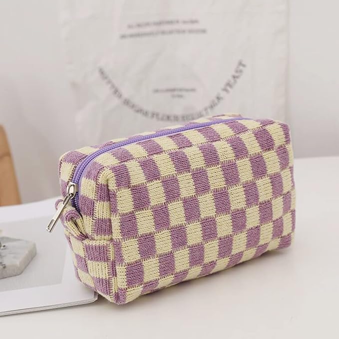 SxoSyo 2 Pcs Cosmetic Bags for Women Makeup Bag Purse Travel Toiletry Zipper Storage Pouch Make up Brushes Organizer for Gifts (Checkered, Purple 2)