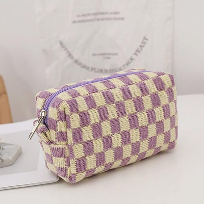 SxoSyo 2 Pcs Cosmetic Bags for Women Makeup Bag Purse Travel Toiletry Zipper Storage Pouch Make up Brushes Organizer for Gifts (Checkered, Purple 2)