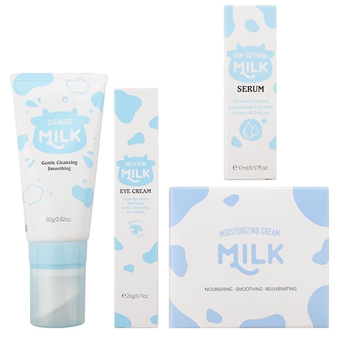 Skin Care Routine Set For Girls, Anti Aging Milk Skin Care Set With Cleanser, Serum, Cream, Eye Cream For Acne, Shrink Pores, Face Skincare Travel Kit With Hyaluronic Acid For Women, Daily Care