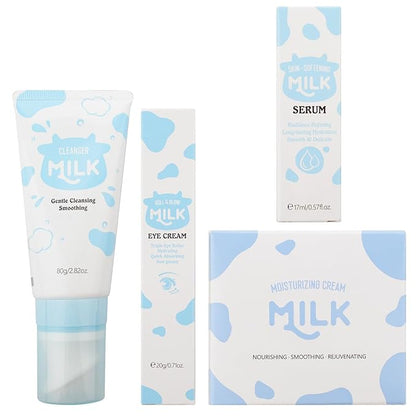 Skin Care Routine Set For Girls, Anti Aging Milk Skin Care Set With Cleanser, Serum, Cream, Eye Cream For Acne, Shrink Pores, Face Skincare Travel Kit With Hyaluronic Acid For Women, Daily Care