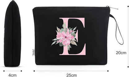 Vavabox A-Z Personalized Makeup Bag, Birthday Gifts for Women Mom, Gifts for Best Friend, Bride Bridesmaid Cosmetic bag (E, Black)