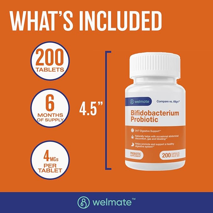 WELMATE Bifidobacterium | Probiotic Supplement | Supports Gut Health | Immune Support | Digestive Enzymes | Gluten Free | Vegan | Men & Womens Probiotic | Value Size | 200 Count