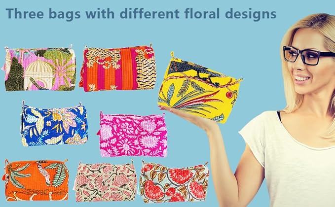 Rastogi Handicrafts Cosmetic Bags Set, 3 Piece Make Up Organizer Bag Storage Bags with Zipper Closure (3, Orange, Design-3)