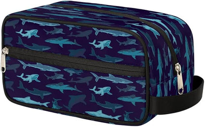 Navy Blue Shark Hanging Toiletry Bag,Travel Hygiene Kits for Boys Mens,Waterproof Makeup Carry-on Bags,Cosmetic Bag,TSA Approved Shave Dopp Kit for Toiletries Shower Bathroom Accessories Gifts