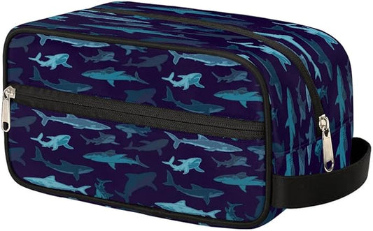 Navy Blue Shark Hanging Toiletry Bag,Travel Hygiene Kits for Boys Mens,Waterproof Makeup Carry-on Bags,Cosmetic Bag,TSA Approved Shave Dopp Kit for Toiletries Shower Bathroom Accessories Gifts