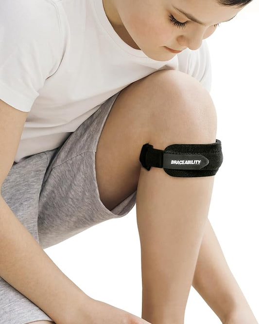 BraceAbility Kids Knee Band - Youth Patellar Tendon Support Strap Child Osgood Schlatter Brace for Jumpers Knee, Patella Tendonitis, Sports Wrap for Running, Soccer, Volleyball, Basketball (XS)