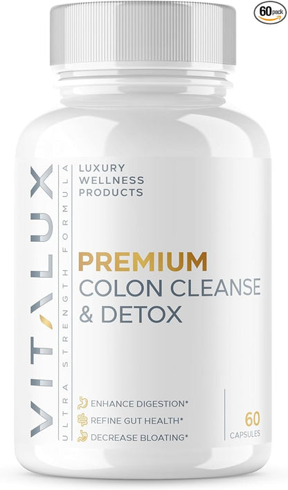 VITALUX || #1 Rated Premium Colon Cleanse & Detox || Enhance Digestion, Gut Health, Decrease Bloating | Ultra Dosed Formula w/ 10 Powerful Ingredients | 3rd Party Tested + USA Made - 60 Capsules