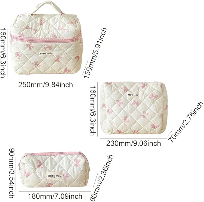 Quilted Makeup Bag Set 3 Pcs Cotton Cute Makeup Bags For Women Large Aesthetic Floral Cosmetic Bag Coquette Flower Makeup Pouch