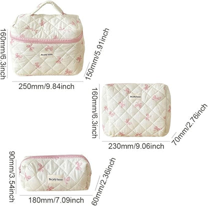Quilted Makeup Bag Set 3 Pcs Cotton Cute Makeup Bags For Women Large Aesthetic Floral Cosmetic Bag Coquette Flower Makeup Pouch
