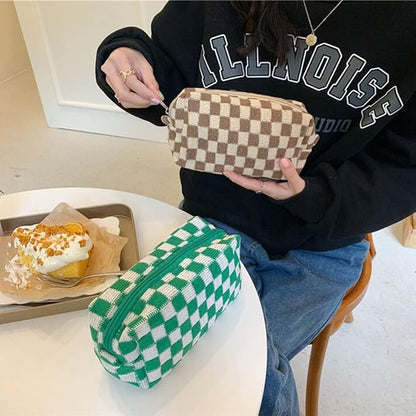 SxoSyo 2 Pcs Cosmetic Bags for Women Makeup Bag Purse Travel Toiletry Zipper Storage Pouch Make up Brushes Organizer for Gifts (Checkered, Green 2)