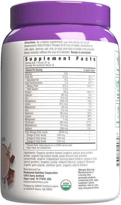 Bluebonnet Nutrition Organic Plant Protein - 18g Protein, 3.5g Fiber – Chia, Quinoa & More - Non-GMO, Vegan, Kosher, USDA Organic, No Sugar Added – Free of Gluten, Soy & Milk - 1 LB, Chocolate Flavor