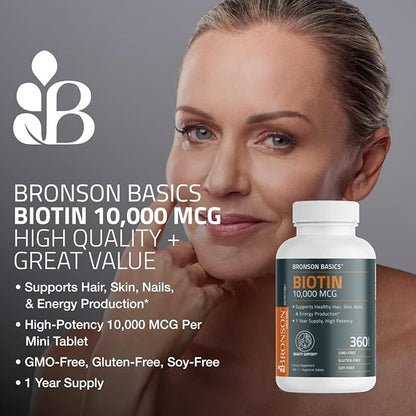 Bronson Biotin 10,000 MCG Supports Healthy Hair, Skin & Nails & Energy Production - High Potency Beauty Support - Non-GMO, 150 Vegetarian Tablets
