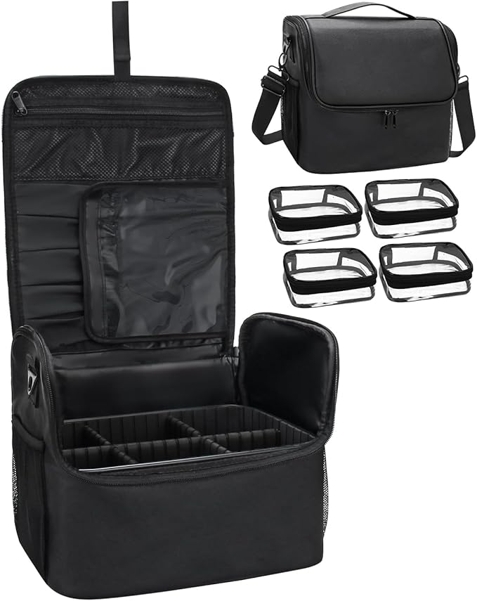 Travel Makeup Bag, Tattoo Case with 4 Inner Removable Pouches, Professional Cosmetic Case Makeup Artist Bag Organizer Box with Adjustable Dividers (Medium, Black)