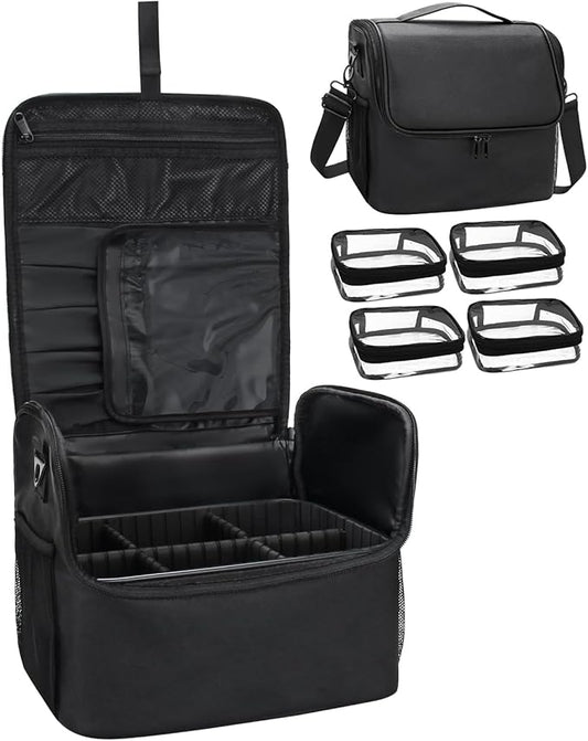 Travel Makeup Bag, Tattoo Case with 4 Inner Removable Pouches, Professional Cosmetic Case Makeup Artist Bag Organizer Box with Adjustable Dividers (Medium, Black)